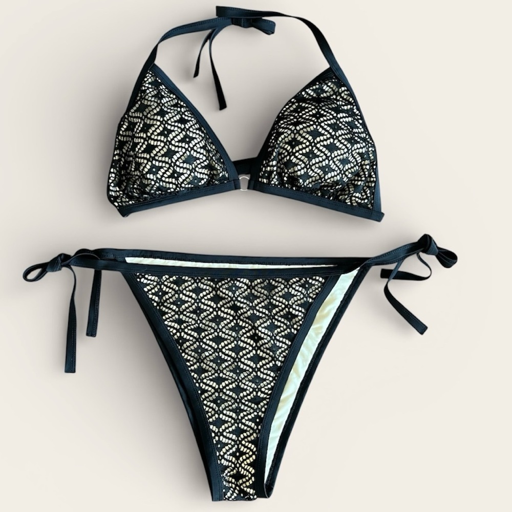 Black Lace Laser Cut Bikini 3X Swimsuit Bathingsuit Tie Neck Back Cheeky 3XL